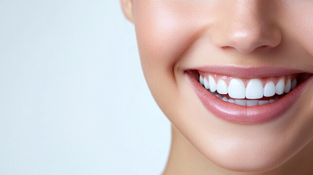 A bright and radiant smile featuring perfectly aligned white teeth, symbolizing confidence, health, and positivity with a focus on dental aesthetics.
