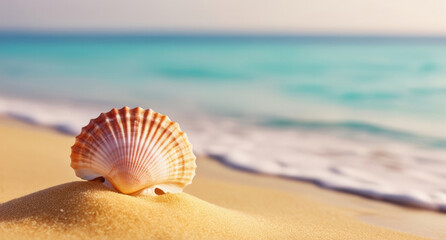 Obraz premium Seashell scallop on the sand on the blurred seashore background. Summer, travel or tourism, vacation concept. Empty free space for text. For banner, poster, advertising, web design.