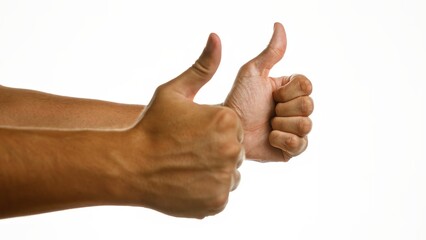 Two hands displaying thumbs up gestures isolated against a white background, conveying positivity...