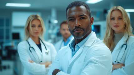 Fototapeta premium Team of medical professionals posing with confidence in hospital setting