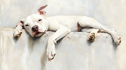 Obraz premium Adorable white dog lounging comfortably on a stone ledge, showcasing relaxed demeanor and blissful expression, perfect for pet lovers and animal art enthusiasts.