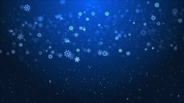 Blue Snowflakes Stars Abstract Bokeh Particles Falling Happy New Year Merry Christmas Shiny Video Animated Background. Winter, Merry Christmas, Happy New Year, Holiday, Snow flakes, snow background