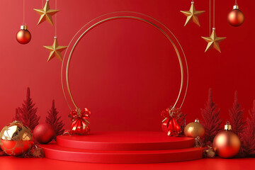 Red circular podium decorated with gold stars and baubles