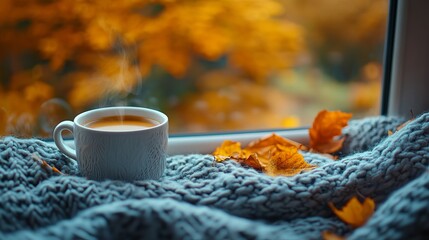 A steaming cup of tea rests on a cozy knit blanket by a window, surrounded by autumn leaves, suggesting warmth and tranquility inside during a chilly fall day.