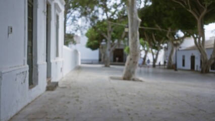 Obraz premium Defocused street scene in lanzarote, spain with blurred trees, white buildings, and cobblestone pavement under daylight