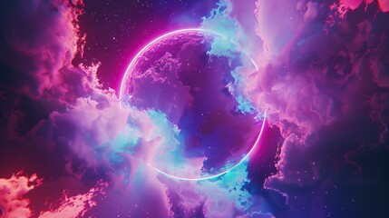 Celestial neon shapes on a cosmic canvas, Clean white space framing the text