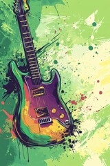 Creative electric guitar art on vibrant abstract background for world rock 'n' roll day celebration. Vertical banner. Copy space. World Music day. Guitar on a green background. Watercolor illustration