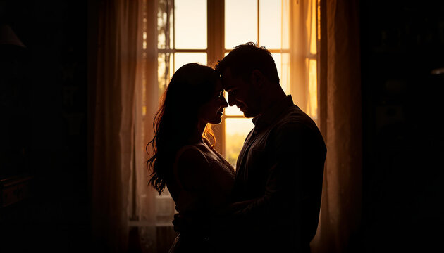 Romantic couple embracing in warm window light