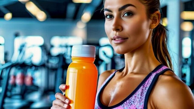 Energy drink with gym-fit woman. An energy drink is a beverage containing stimulant compounds, often caffeine, intended to provide mental and physical stimulation and boost energy levels. 