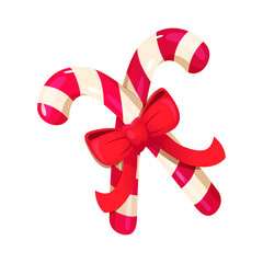 Vector striped christmas candy canes in red color tied with big red bow isolated on white background.	
