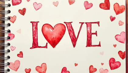 Watercolor love text with red hearts on notebook page