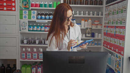 A caucasian female pharmacist with red hair using a blue tablet indoors at a drugstore.