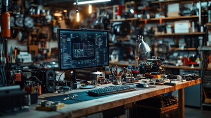 Computer workstation in a messy garage workshop with tools and equipment scattered around.
