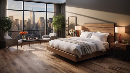 Elegant hotel bedroom with luxurious amenities, warm hardwood floors, and modern LED