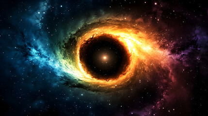 Obraz premium Stunning Cosmic Black Hole Surrounded by Vibrant Nebulae, Stars, and Colors in the Depths of Space Creating a Visual Masterpiece of Galactic Beauty