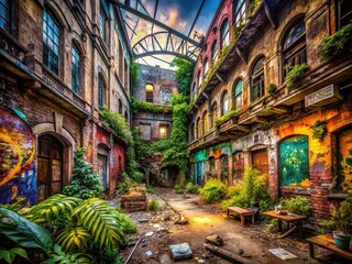 Fototapeta premium Urban Exploration Photography Featuring Abandoned Buildings and Vibrant Street Art in a Gritty Cityscape with High Contrast and Intriguing Shadows
