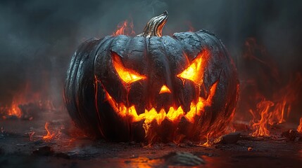 A chilling carved pumpkin with a menacing expression emits an eerie glow amidst a dark and misty background, conjuring a spooky Halloween atmosphere.