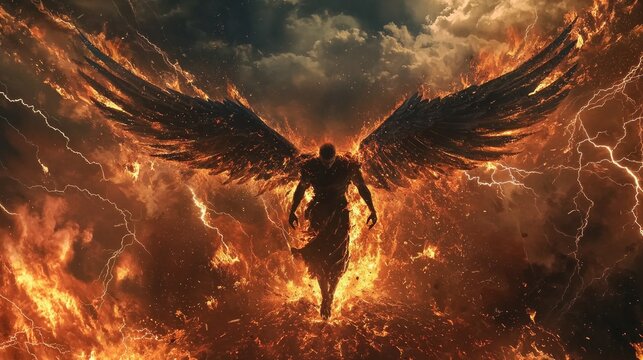 fallen angel Lucifer arrives heavens his fiery wings illuminating stormy skies. Fury and sorrow mark his face amidst chaos lightning and burning earth