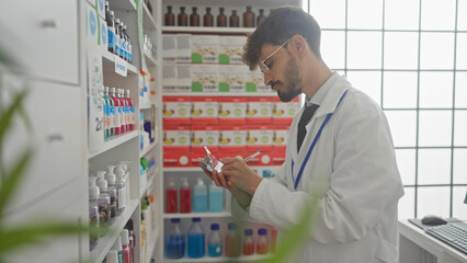 Hispanic pharmacist man taking notes in modern pharmacy interior filled with medicines and healthcare products.