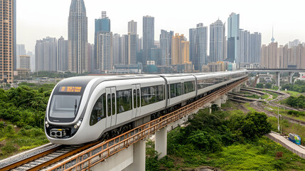 Naklejka premium Modern Automated Train Traveling Through Urban Landscape with Skyscrapers and Greenery in a Bustling City Setting