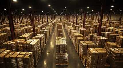 Vast Warehouse Interior: Rows of Cardboard Boxes