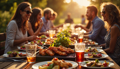 Friends enjoying outdoor dinner party at sunset, BBQ party