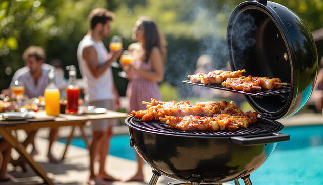 Grilled skewers on barbecue at summer pool party, BBQ party