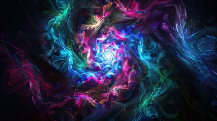 Obraz premium Celestial neon swirls on a dark backdrop, Centralized white space for text