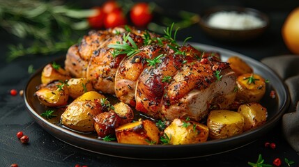 Savory roasted meat with herbs served alongside golden potatoes and fresh vegetables on a dark wooden table. Generative AI