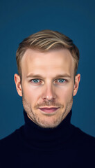 Obraz premium Man with Light Brown Hair in Dark Blue Turtleneck Sweater on Solid Blue Background