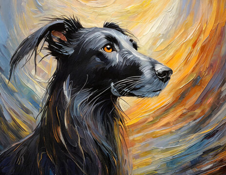 A captivating oil painting representing a black champ, with the shining silhouette of a barzoi hair is pleasingly graceful in the black color - generated by ai