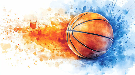 Vibrant Watercolor Splash with Basketball in Motion Captures the Energy of the Game, Ideal for Sports Themes and Youth Development Concepts