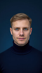 Obraz premium Man with Light Brown Hair in Dark Blue Turtleneck Sweater on Solid Blue Background
