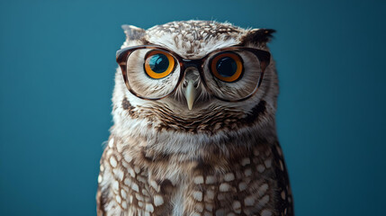 Wise owl wearing glasses against blue background  
