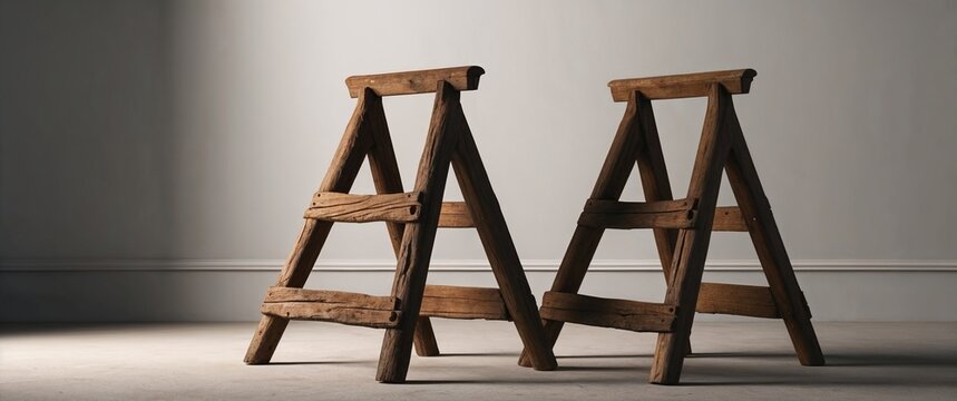 Two wooden sawhorses standing in a well-lit room with a minimalist design
