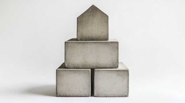 Six concrete blocks form a pyramid shape, standing alone against a white backdrop. 