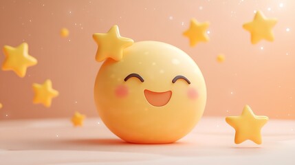 A bright, cute yellow round character with a joyful smile, surrounded by floating stars, evoking happiness, playfulness, and cheerful vibes.