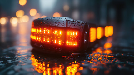 Bright orange lights reflect on wet pavement during a rainy night in the city highlighting urban ambiance and technology. Generative AI