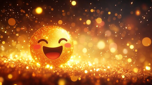 A radiant emoji with a big smile, set in a field of shimmering, golden lights, creating a festive and joyful atmosphere in this lively digital artwork.