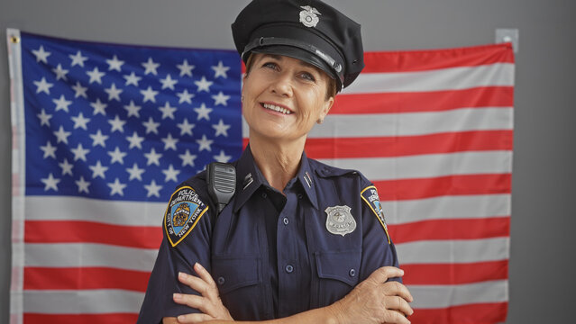 Smiling mature woman police officer with crossed arms in front of american flag indoors.