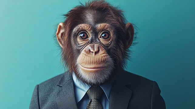A chimpanzee character humorously dressed in a formal business suit with a tie poses against a plain blue background, merging professionalism with playfulness.