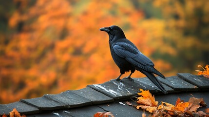 A sleek black crow sits majestically on a rooftop surrounded by bright orange autumn leaves, symbolizing mystery and intelligence in an atmospheric fall setting.