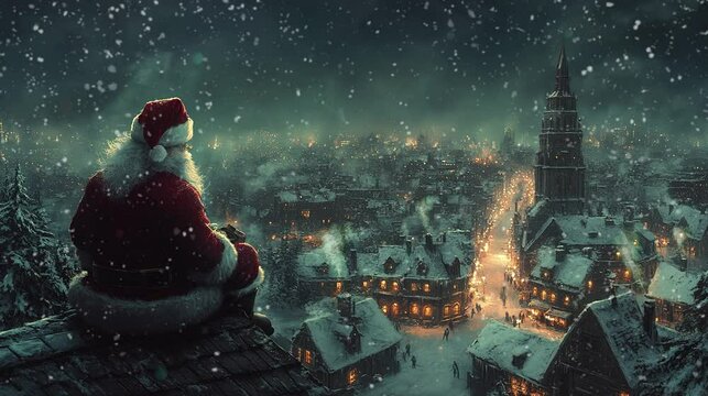 Santa Claus Overlooking a Snowy Town. Looping snow.