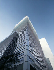 Obraz premium View of high rise glass office building on blue sky background,Business concept of future architecture,looking up to the sun light on the top of building. 3d rendering