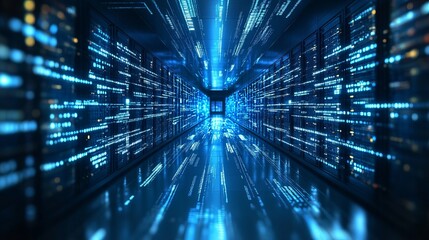 A high-tech server room with illuminated blue data streams represents the core of digital infrastructure, connectivity, and data management in modern technology.