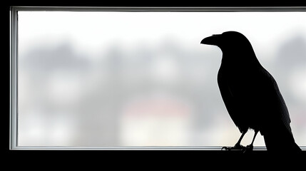 Naklejka premium Silhouette of a Raven Perched on a Sill with a Soft Blurred Background of a Window, Capturing the Essence of Nature, Mystery, and Isolation in Urban Settings