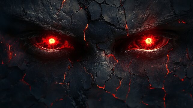 Fiery red eyes with a radiant glow emerge from deep cracks in a dark, textured surface, evoking intense themes of power, mystery, and foreboding presence.