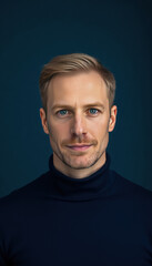 Fototapeta premium Man with Light Brown Hair in Dark Blue Turtleneck Sweater on Solid Blue Background
