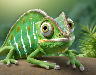 Obraz premium A cartoon green chameleon, bulging eyes, surprised expression, mischievous look, full body, lying on the ground, raising its little legs, hyper-realistic 3d style - generated by ai 