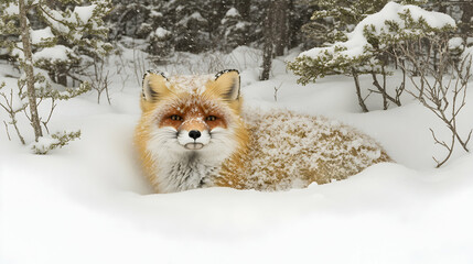 A Red Fox Sitting in Snow-Covered Landscape with Snow-Flecked Fur and Surrounding Greenery in a Cold Winter Environment